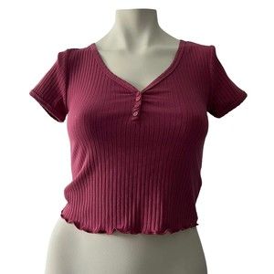 HIPPIE ROSE JUNIORS BUTTON V-NECK RIBBED HENLEY BERRY BRICK SHORT SLEEVE XS